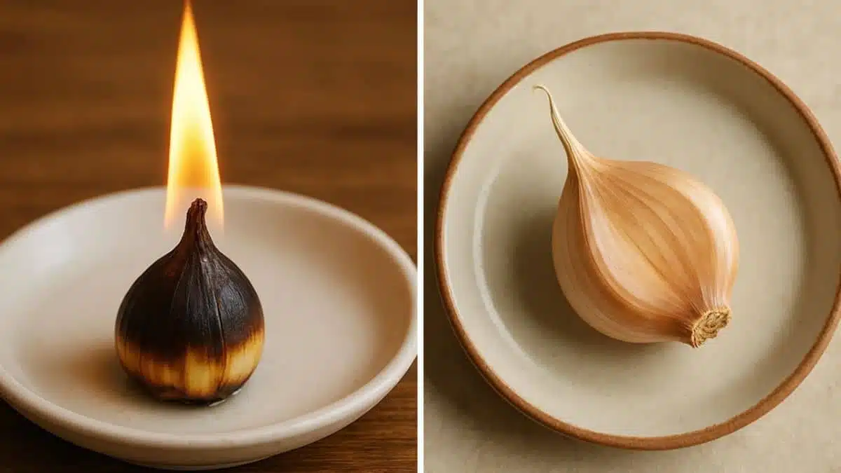 Gousse d'ail brûlée dans une coupelle
