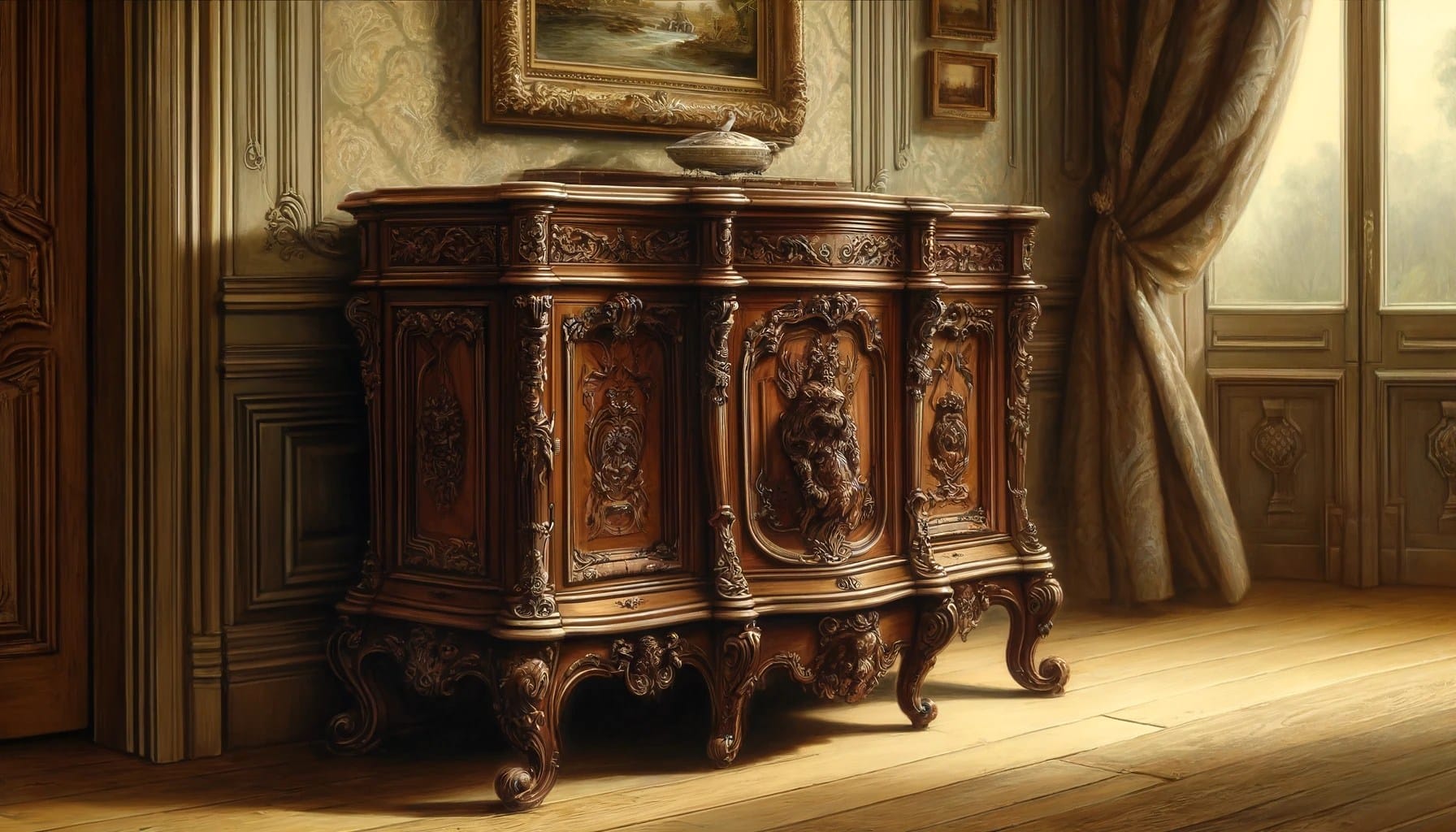 D&eacute;tail d'un vieux buffet en bois montrant une signature grav&eacute;e sous le vernis