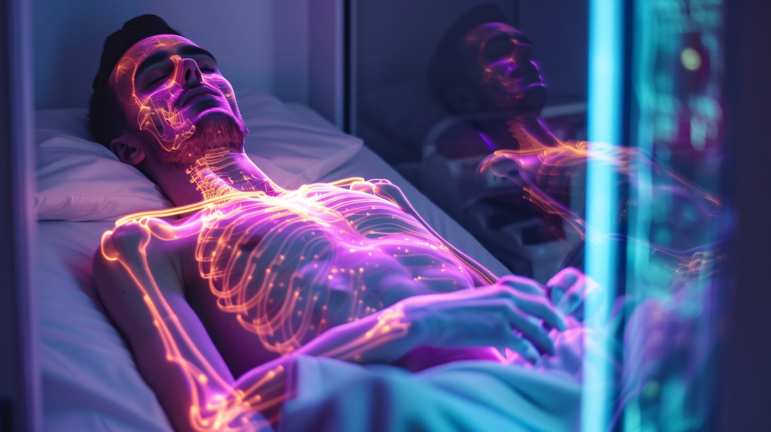 Illustration d'une silhouette humaine endormie, entour&eacute;e d'une aura de particules lumineuses subtiles