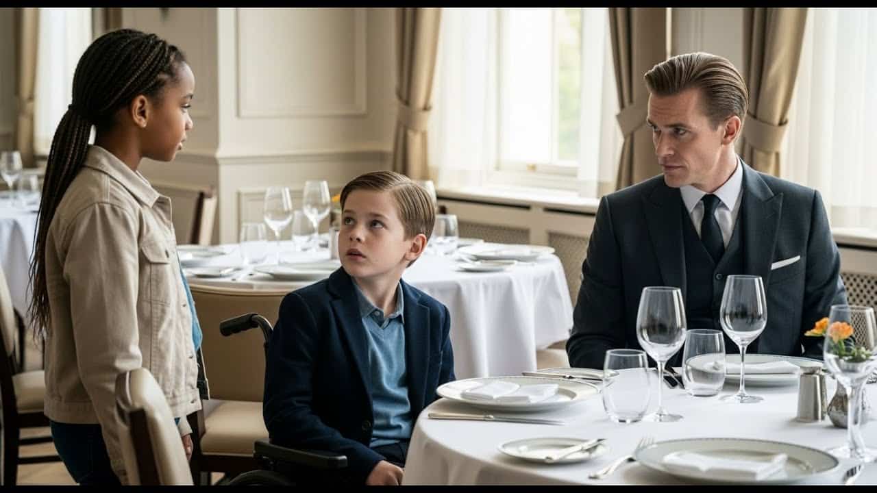 Sc&egrave;ne d'un restaurant &eacute;l&eacute;gant o&ugrave; un homme et son fils en fauteuil roulant sont attabl&eacute;s