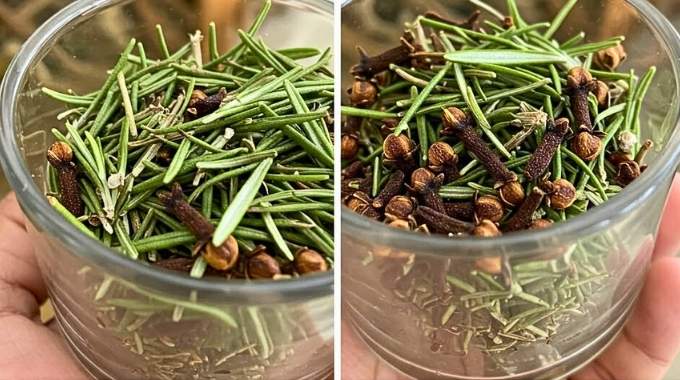 M&eacute;lange de romarin frais et de clous de girofle dans un bol en bois