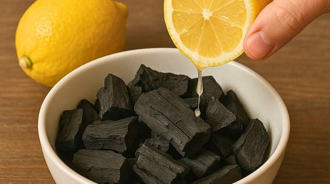 M&eacute;lange de poudre de charbon actif et de tranches de citron frais