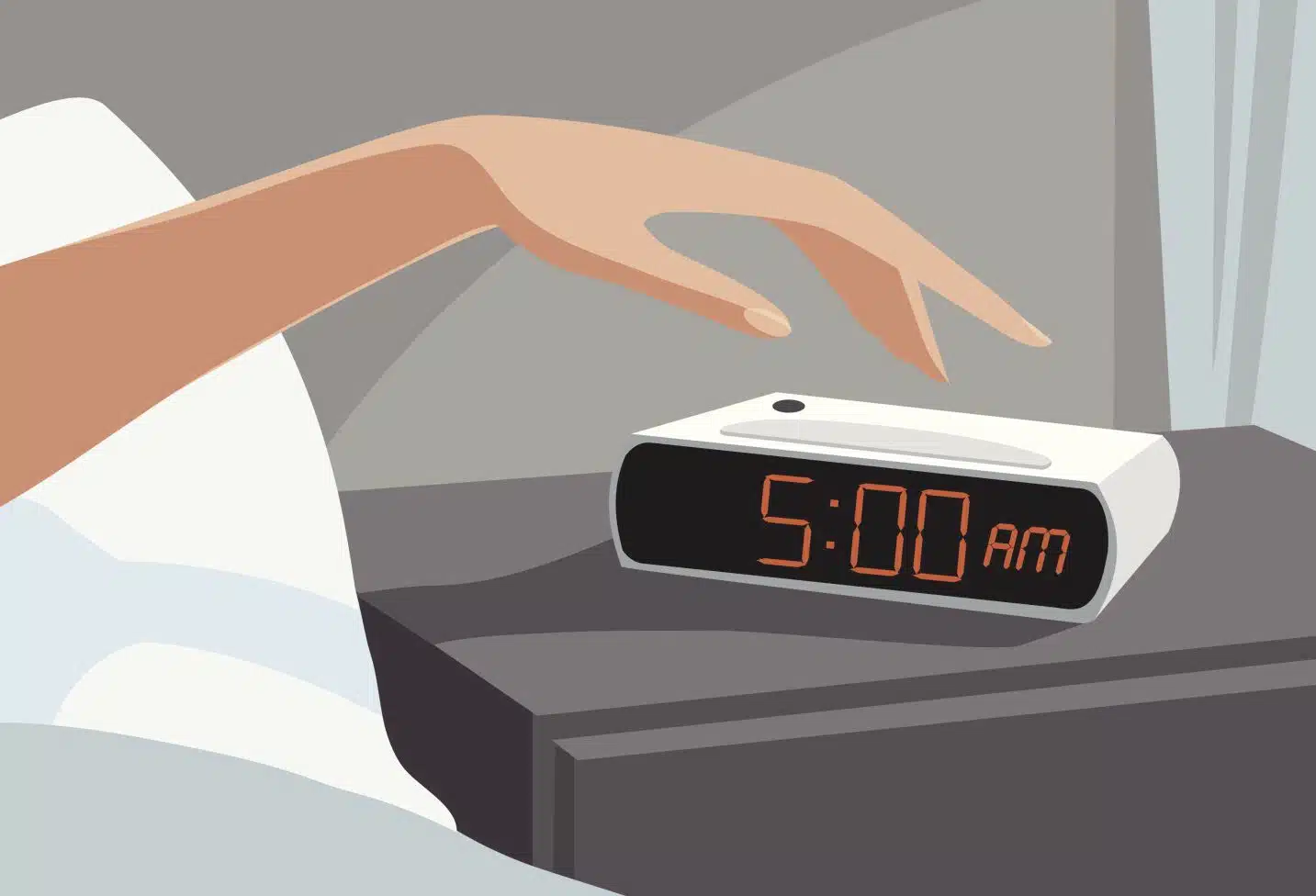 Lever de soleil et personne s'étirant, évoquant un réveil très matinal naturel