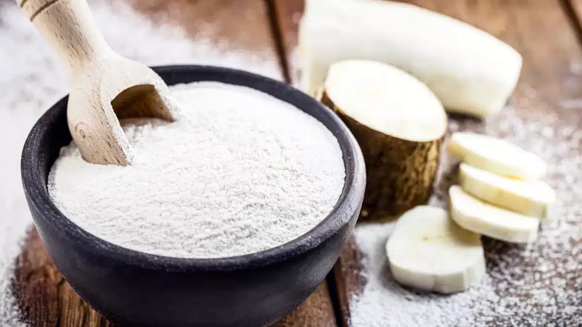 Cuillère avec de la farine de tapioca sur un fond de feuilles vertes