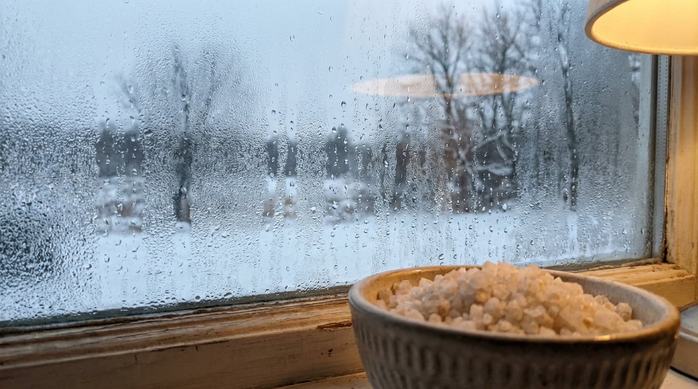 Bol de gros sel pos&eacute; sur un rebord de fen&ecirc;tre pour absorber l'humidit&eacute;