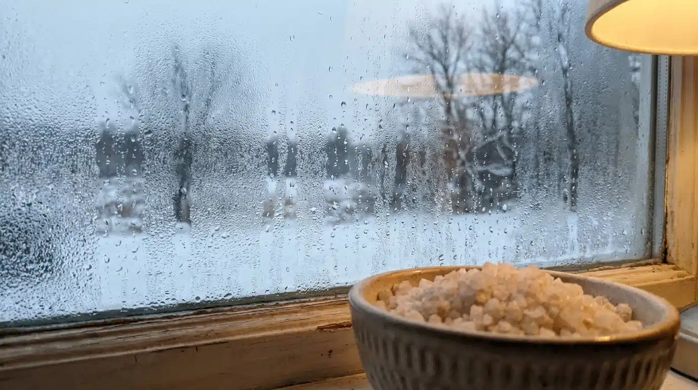 Bol de gros sel posé sur un rebord de fenêtre pour absorber l'humidité