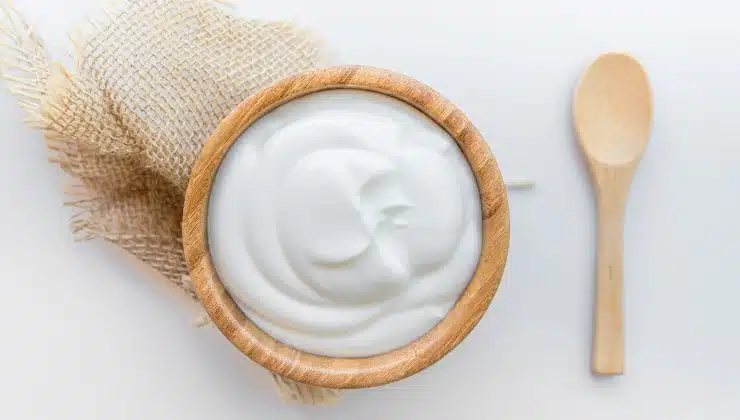 Pot de yaourt grec nature et une cuillère